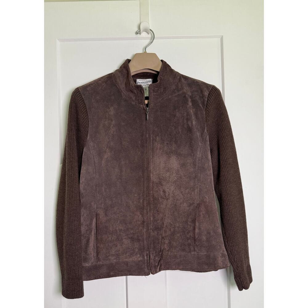 Vintage Pendleton Brown Leather Wool Zip Up Jacket Women’s Size LRG P